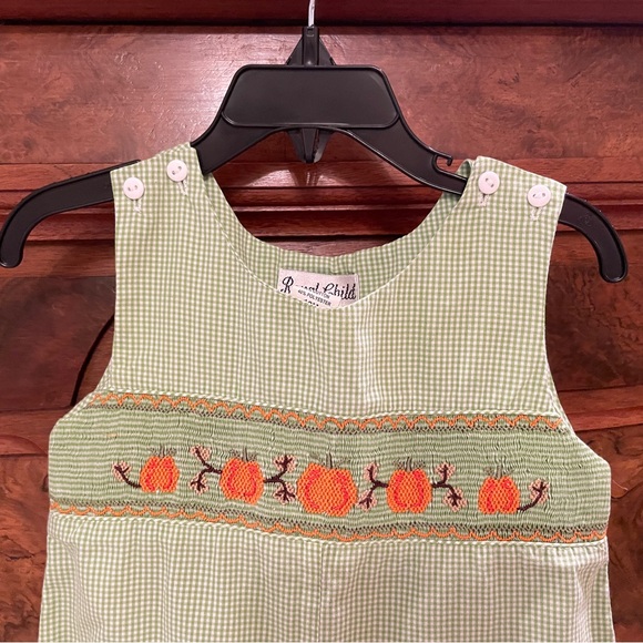 Royal Child 18M Smocked romper light green check/gingham pattern with pumpkins - Picture 10 of 13